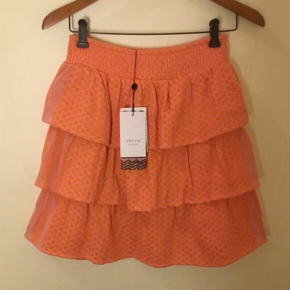 Cecilie Copenhagen Peach Elastic Smocked Waist Tiered Cotton Mini Skirt NWT - Picture 5 of 8